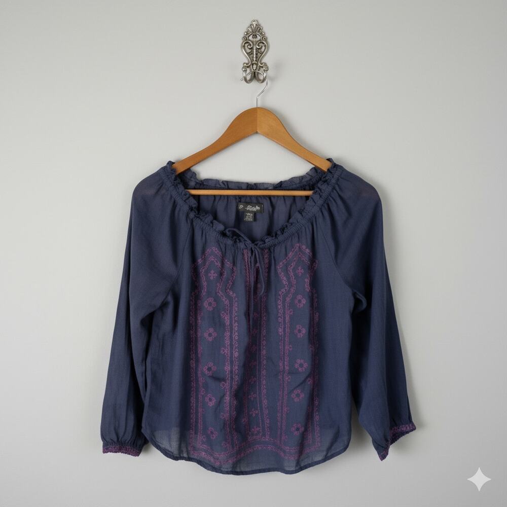 American Eagle Medium Sheer Blue Boho Peasant Blouse Pink Embroidery Tassel